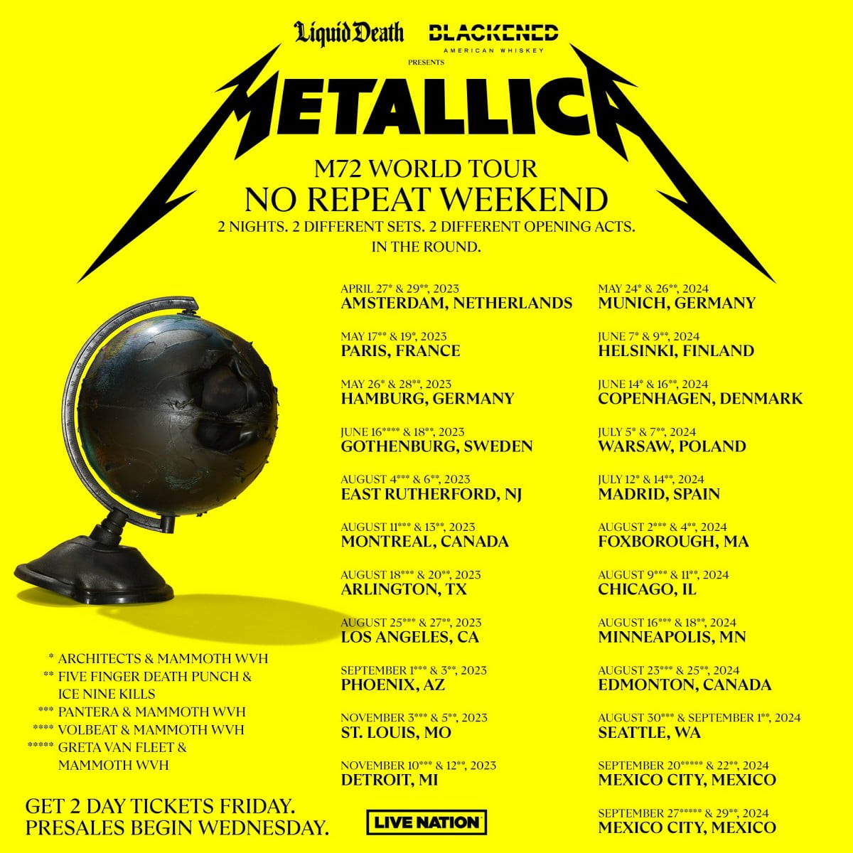 Metallica M72 Tour dates for 2023 and 2024